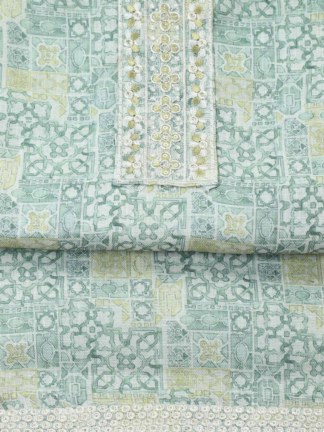Aqua Green Printed Cotton Blend Unstitched Suit &amp; Pant With Chanderi Dupatta