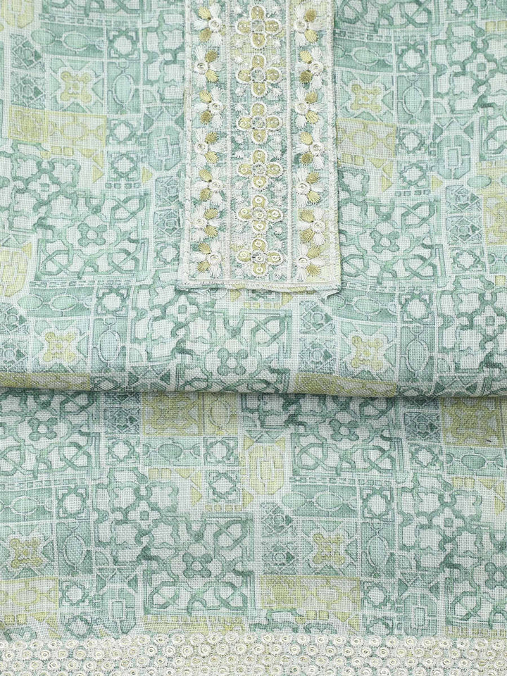 Aqua Green Printed Cotton Blend Unstitched Suit &amp; Pant With Chanderi Dupatta