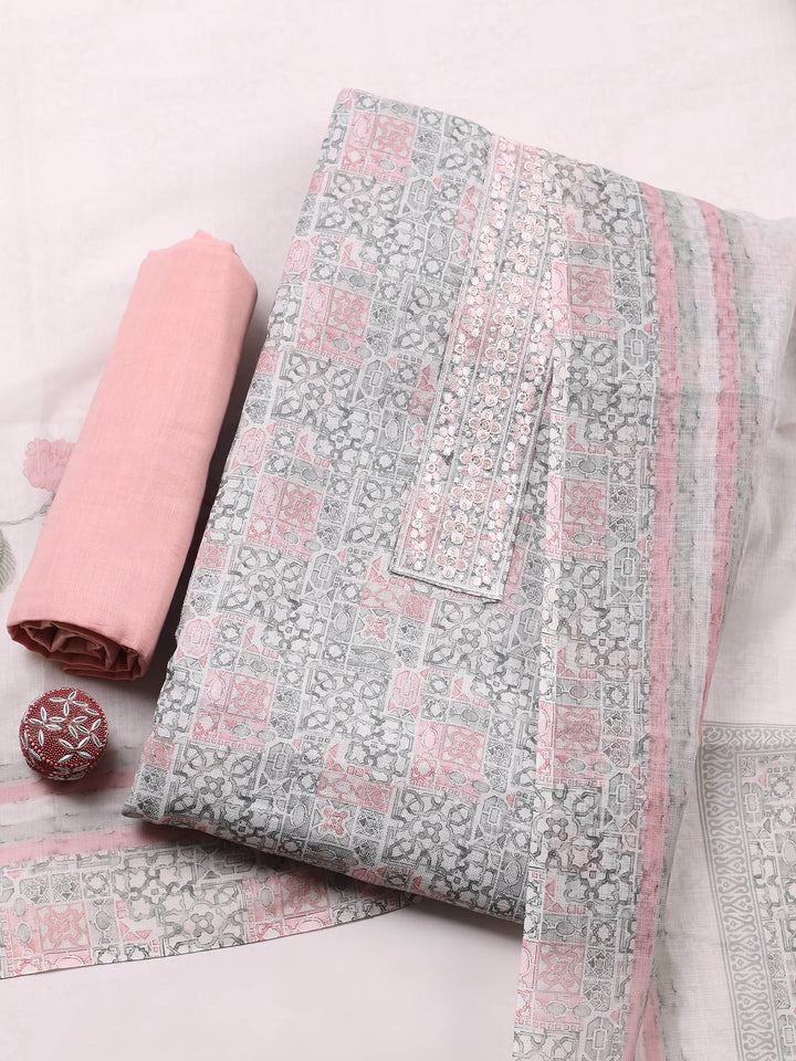 Peach Printed Cotton Blend Unstitched Suit &amp; Pant With Chanderi Dupatta