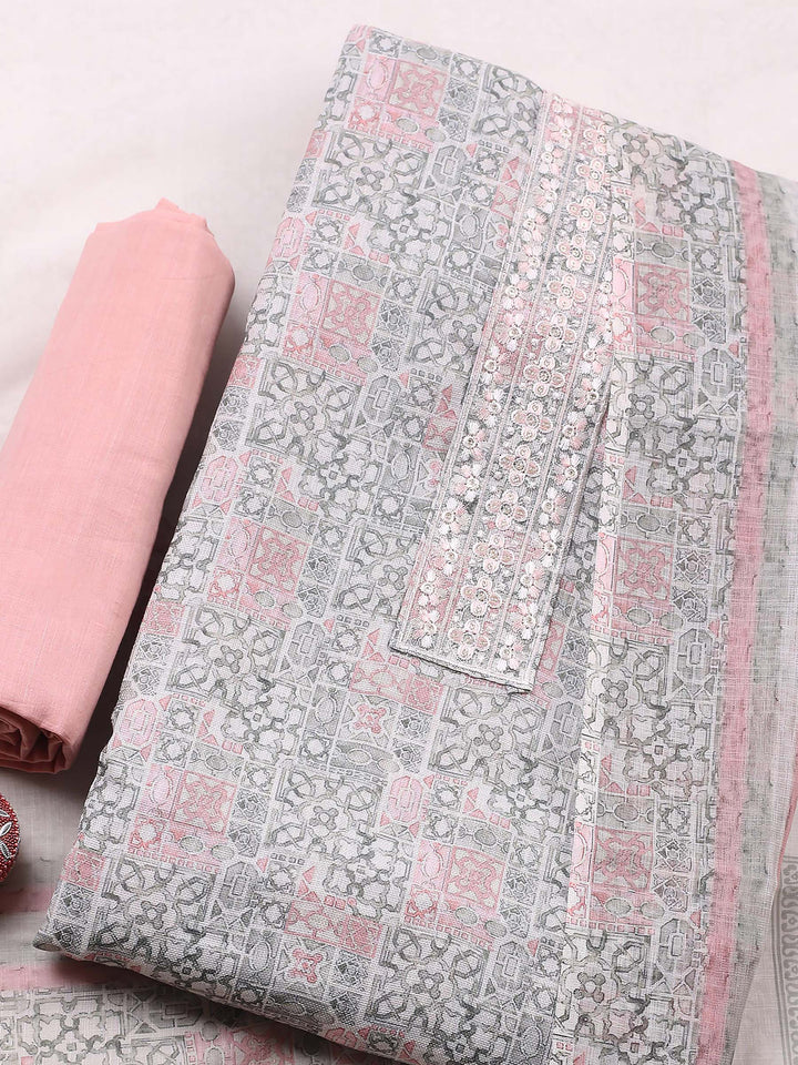 Peach Printed Cotton Blend Unstitched Suit &amp; Pant With Chanderi Dupatta
