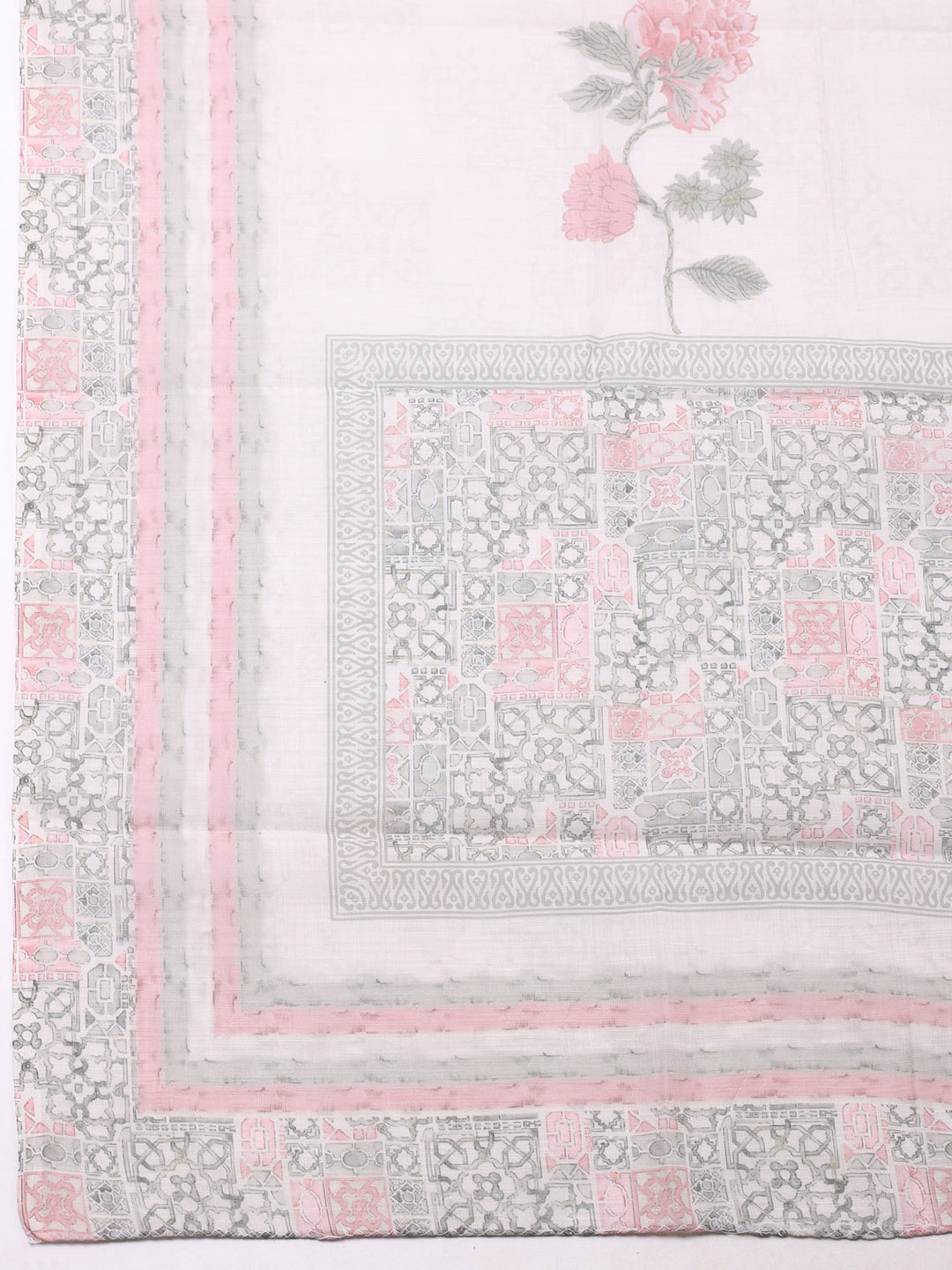 Peach Printed Cotton Blend Unstitched Suit &amp; Pant With Chanderi Dupatta