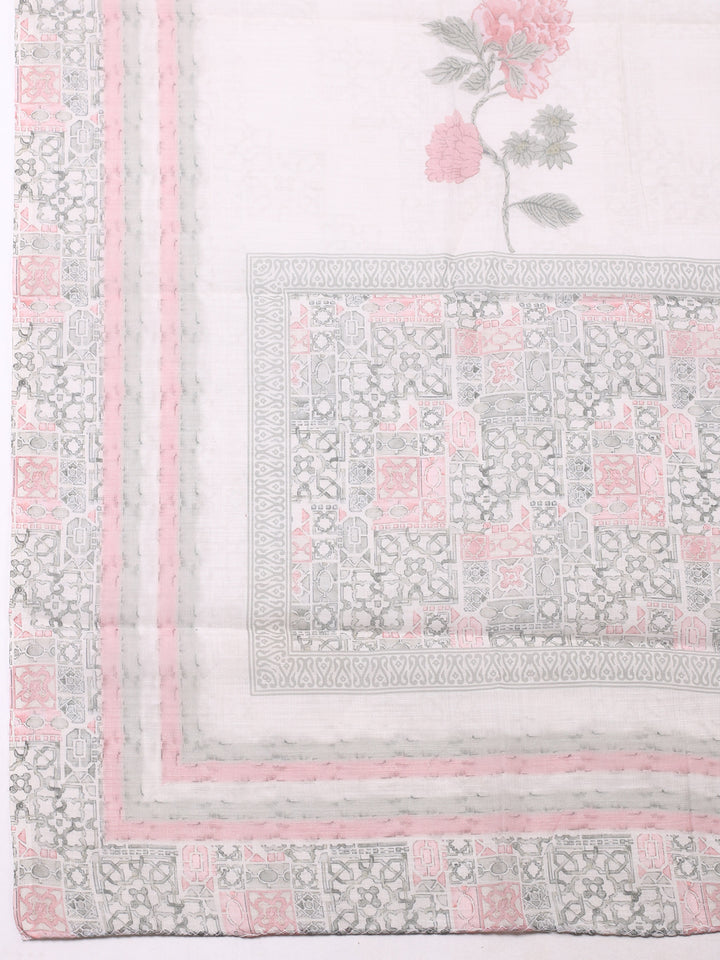 Peach Printed Cotton Blend Unstitched Suit &amp; Pant With Chanderi Dupatta
