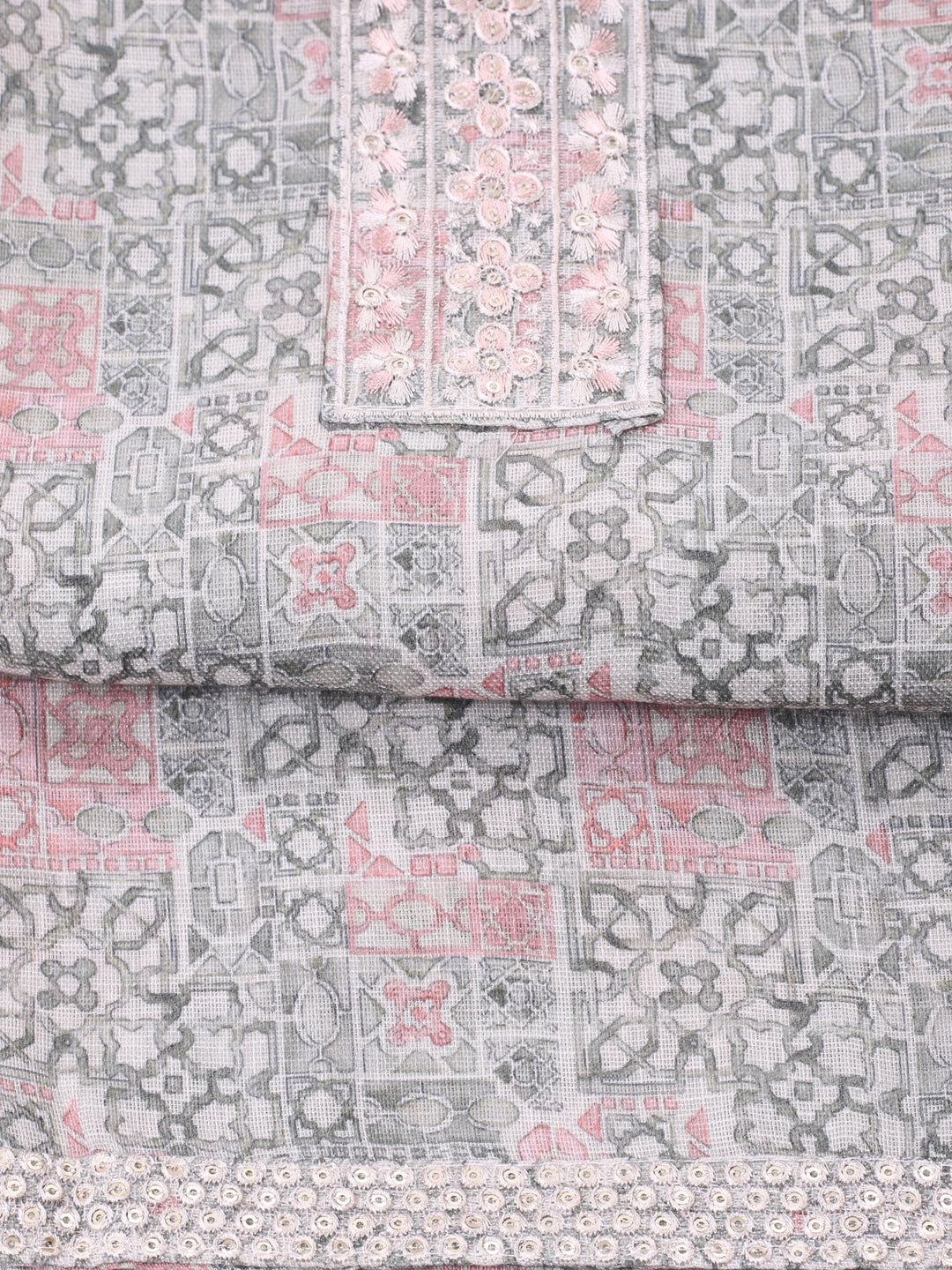 Peach Printed Cotton Blend Unstitched Suit &amp; Pant With Chanderi Dupatta