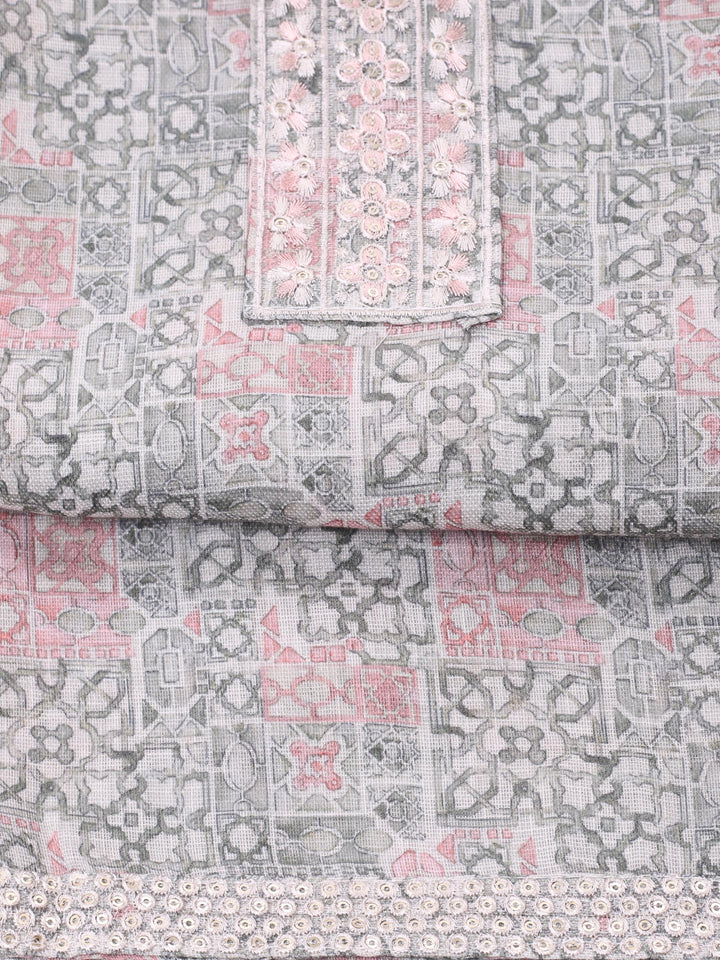 Peach Printed Cotton Blend Unstitched Suit &amp; Pant With Chanderi Dupatta