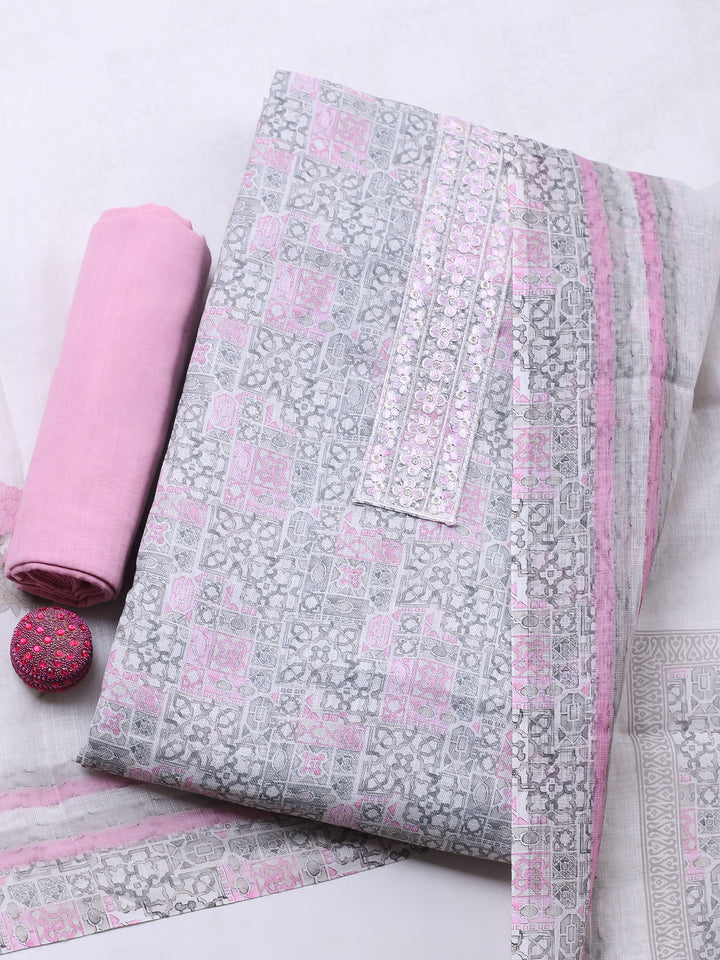 Pink Printed Cotton Blend Unstitched Suit &amp; Pant With Chanderi Dupatta