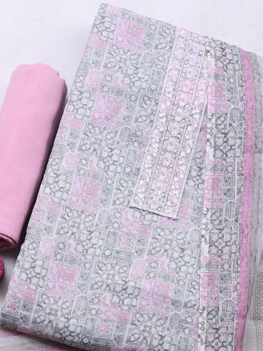Pink Printed Cotton Blend Unstitched Suit &amp; Pant With Chanderi Dupatta