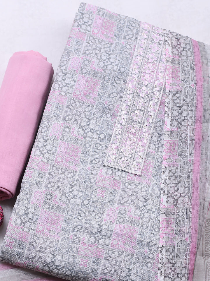 Pink Printed Cotton Blend Unstitched Suit &amp; Pant With Chanderi Dupatta