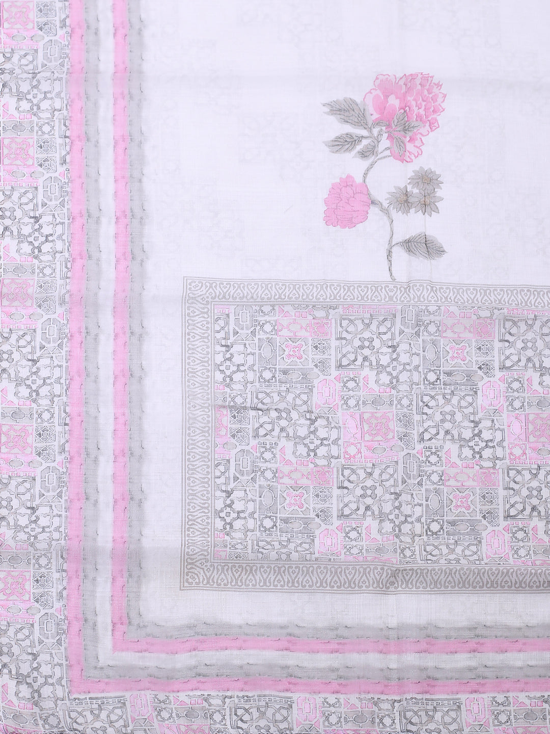 Pink Printed Cotton Blend Unstitched Suit &amp; Pant With Chanderi Dupatta