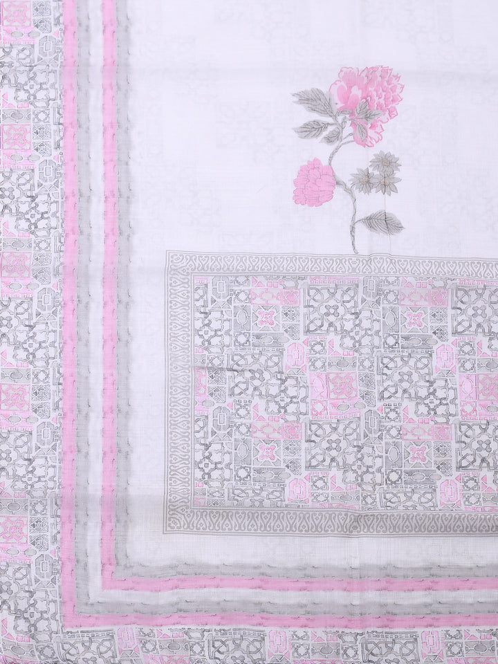 Pink Printed Cotton Blend Unstitched Suit &amp; Pant With Chanderi Dupatta