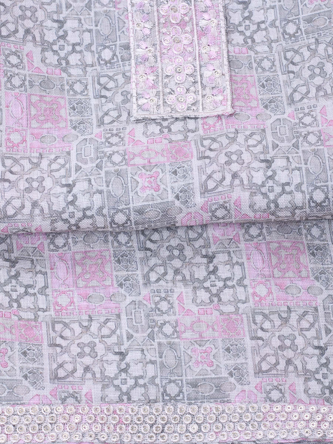 Pink Printed Cotton Blend Unstitched Suit &amp; Pant With Chanderi Dupatta