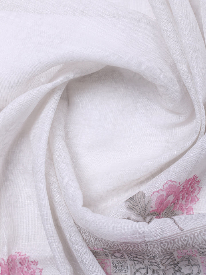Pink Printed Cotton Blend Unstitched Suit &amp; Pant With Chanderi Dupatta