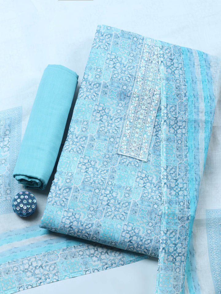 Sea Green Printed Cotton Blend Unstitched Suit &amp; Pant With Chanderi Dupatta