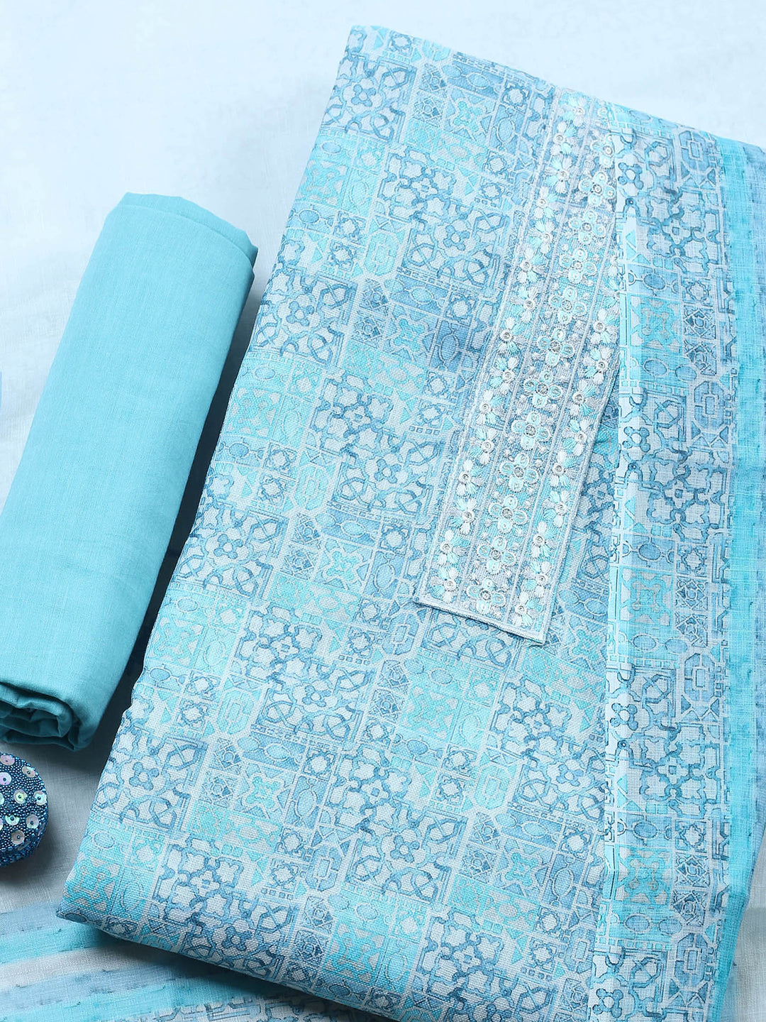 Sea Green Printed Cotton Blend Unstitched Suit &amp; Pant With Chanderi Dupatta