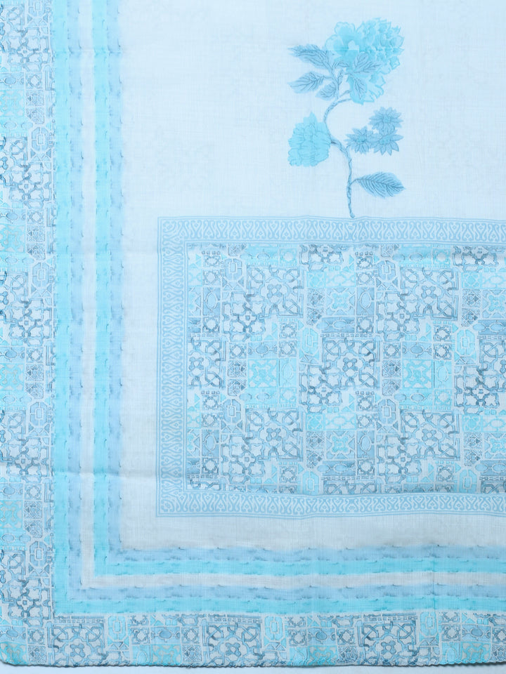 Sea Green Printed Cotton Blend Unstitched Suit &amp; Pant With Chanderi Dupatta
