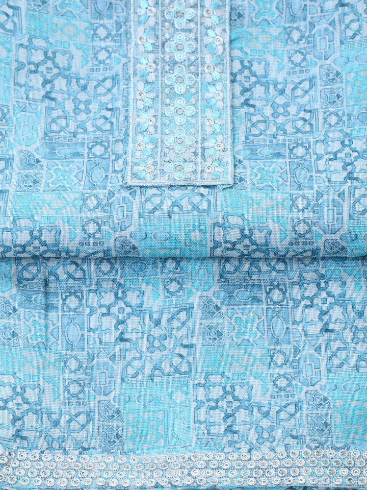 Sea Green Printed Cotton Blend Unstitched Suit &amp; Pant With Chanderi Dupatta