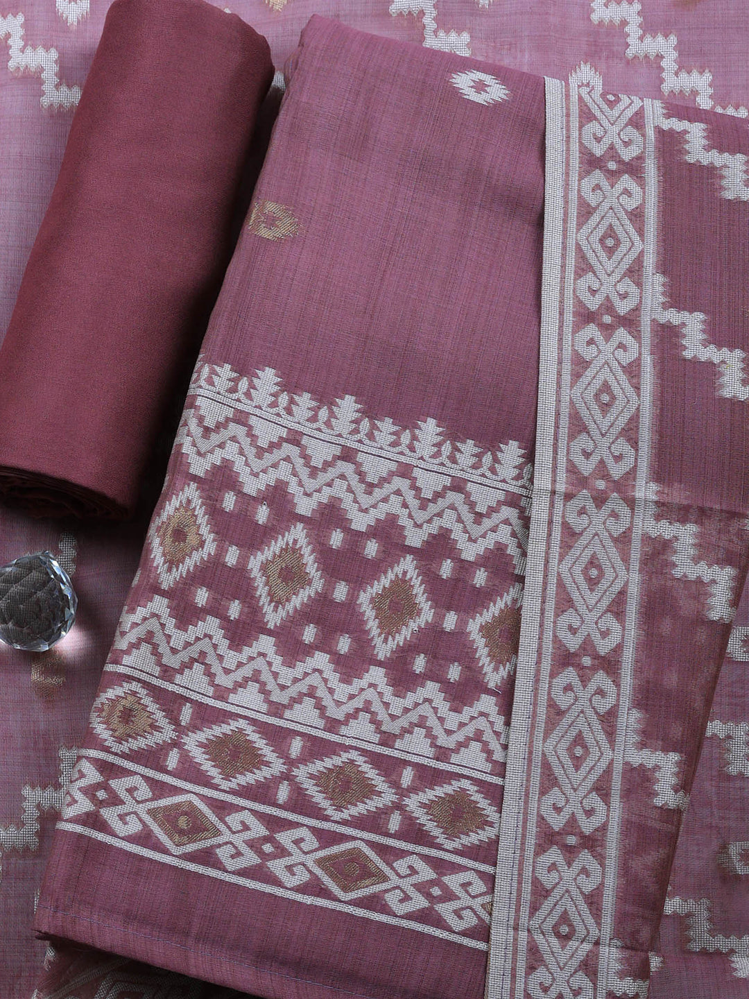 Lavender Embroidered Chanderi Unstitched Suit &amp; Pant With Chanderi Dupatta