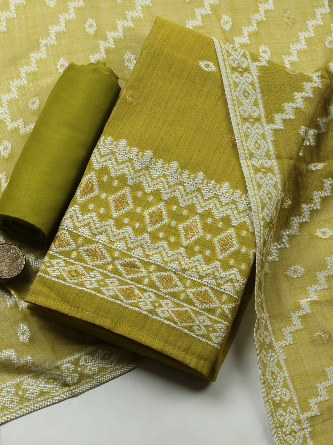 Mehndi Embroidered Chanderi Unstitched Suit &amp; Pant With Chanderi Dupatta