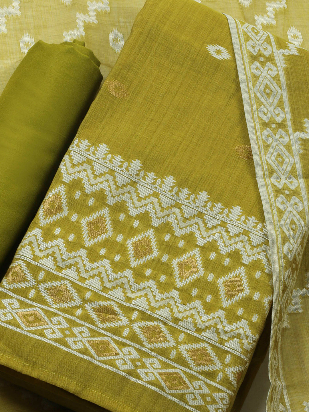 Mehndi Embroidered Chanderi Unstitched Suit &amp; Pant With Chanderi Dupatta