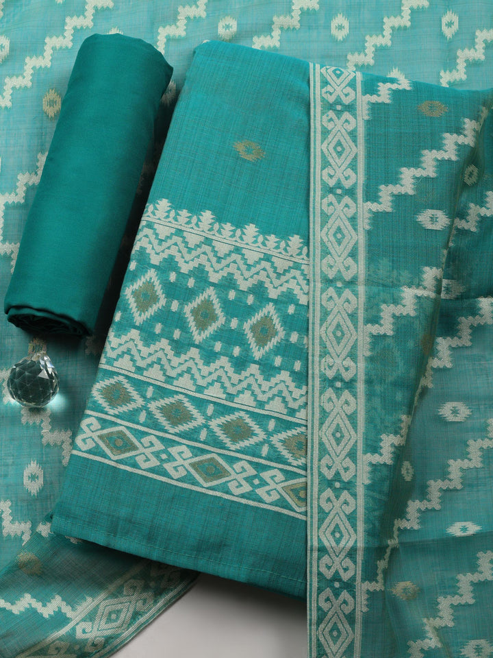 Sea Green Embroidered Chanderi Unstitched Suit &amp; Pant With Chanderi Dupatta