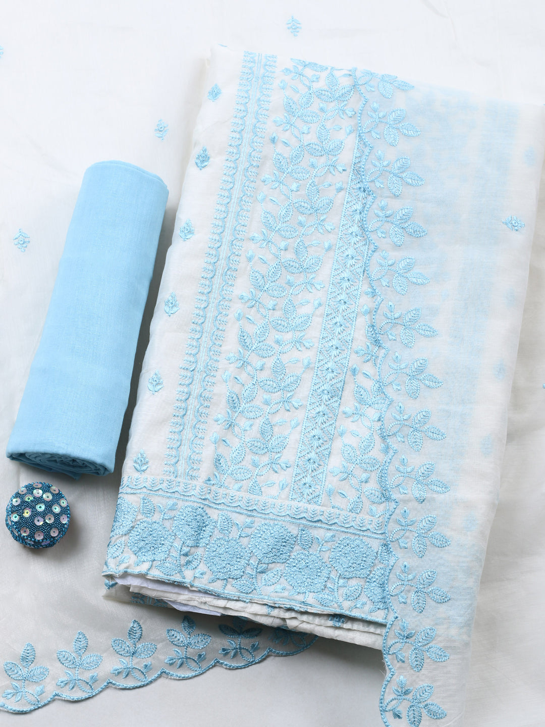 Cream Blue Embroidered Chanderi Unstitched Suit &amp; Pant With Chanderi Dupatta