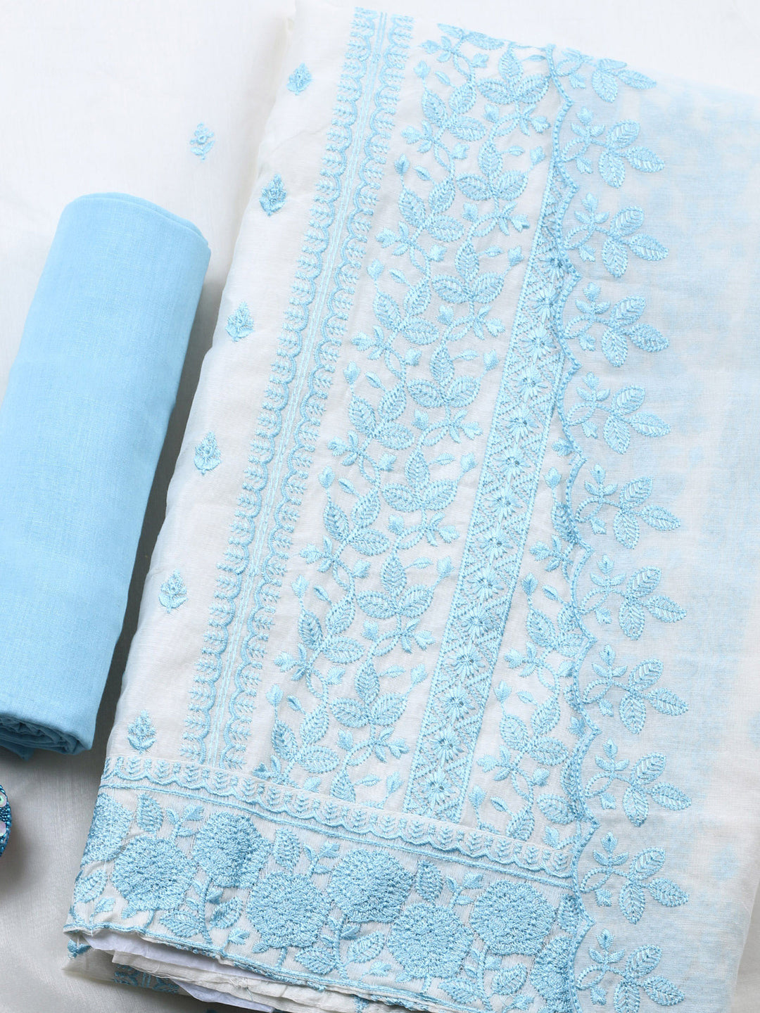 Cream Blue Embroidered Chanderi Unstitched Suit &amp; Pant With Chanderi Dupatta