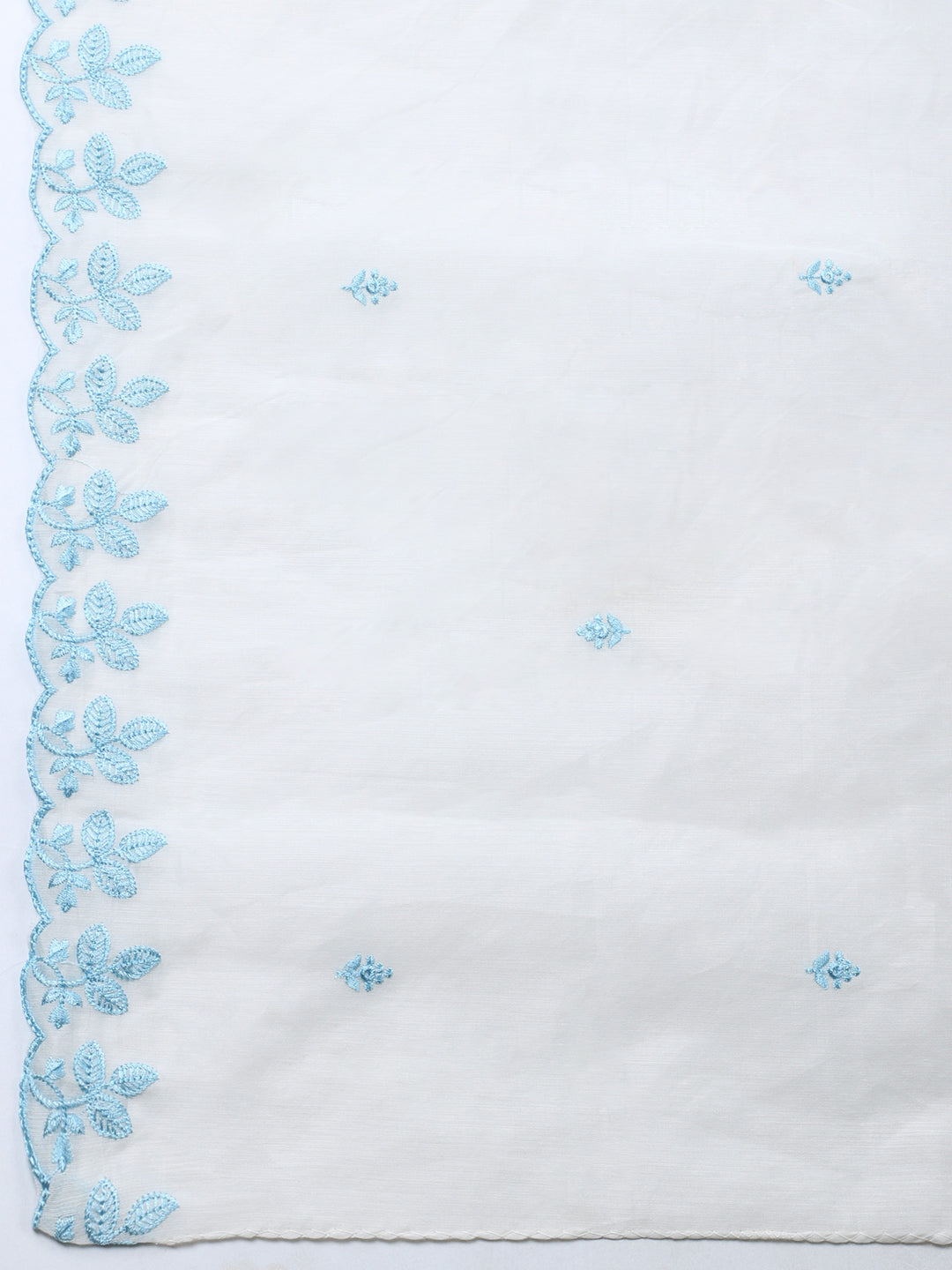 Cream Blue Embroidered Chanderi Unstitched Suit &amp; Pant With Chanderi Dupatta