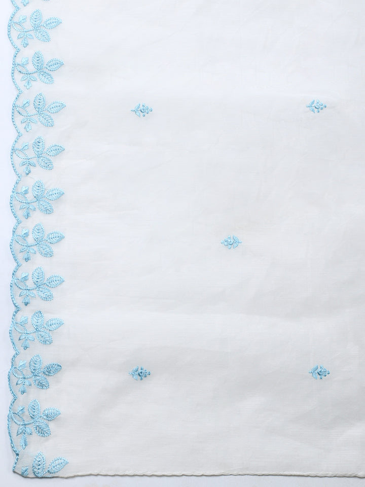 Cream Blue Embroidered Chanderi Unstitched Suit &amp; Pant With Chanderi Dupatta