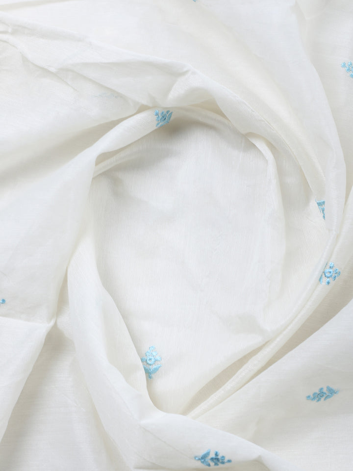 Cream Blue Embroidered Chanderi Unstitched Suit &amp; Pant With Chanderi Dupatta