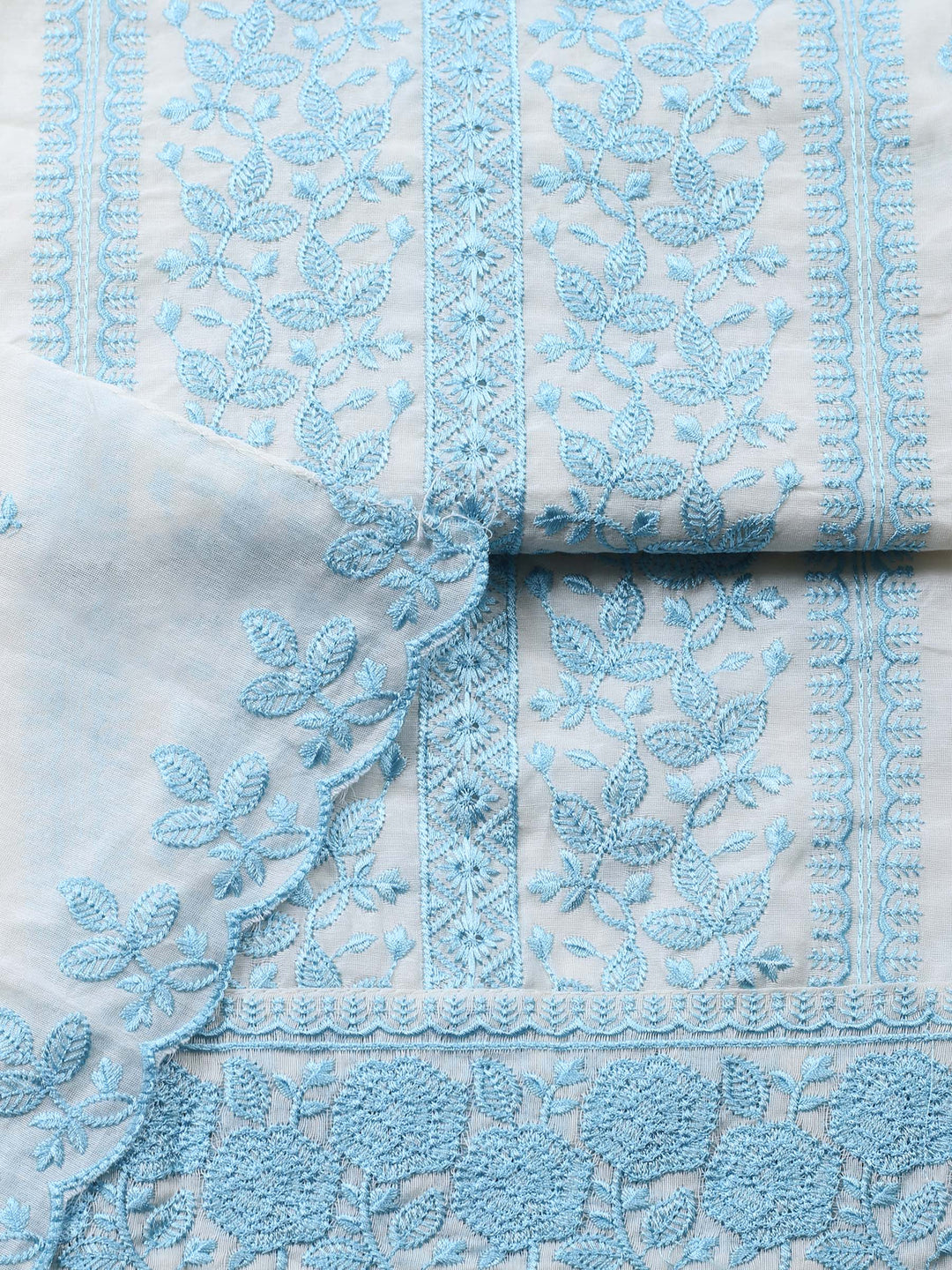 Cream Blue Embroidered Chanderi Unstitched Suit &amp; Pant With Chanderi Dupatta