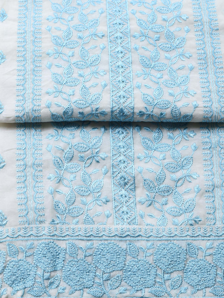 Cream Blue Embroidered Chanderi Unstitched Suit &amp; Pant With Chanderi Dupatta