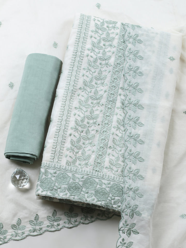 Cream Green Embroidered Chanderi Unstitched Suit &amp; Pant With Chanderi Dupatta