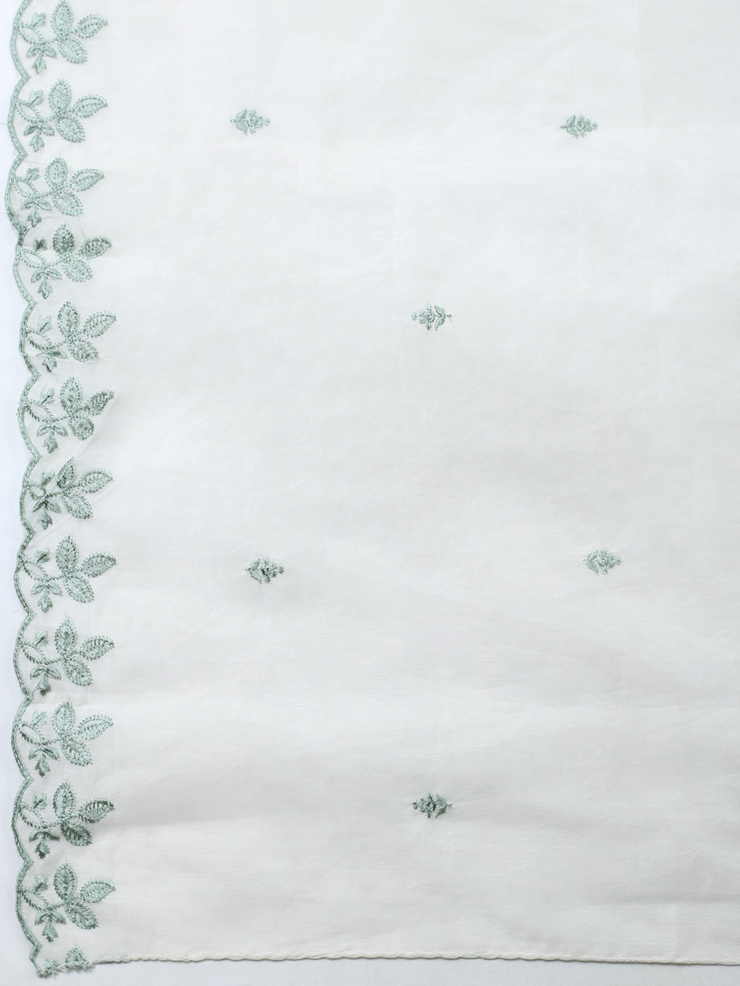 Cream Green Embroidered Chanderi Unstitched Suit &amp; Pant With Chanderi Dupatta