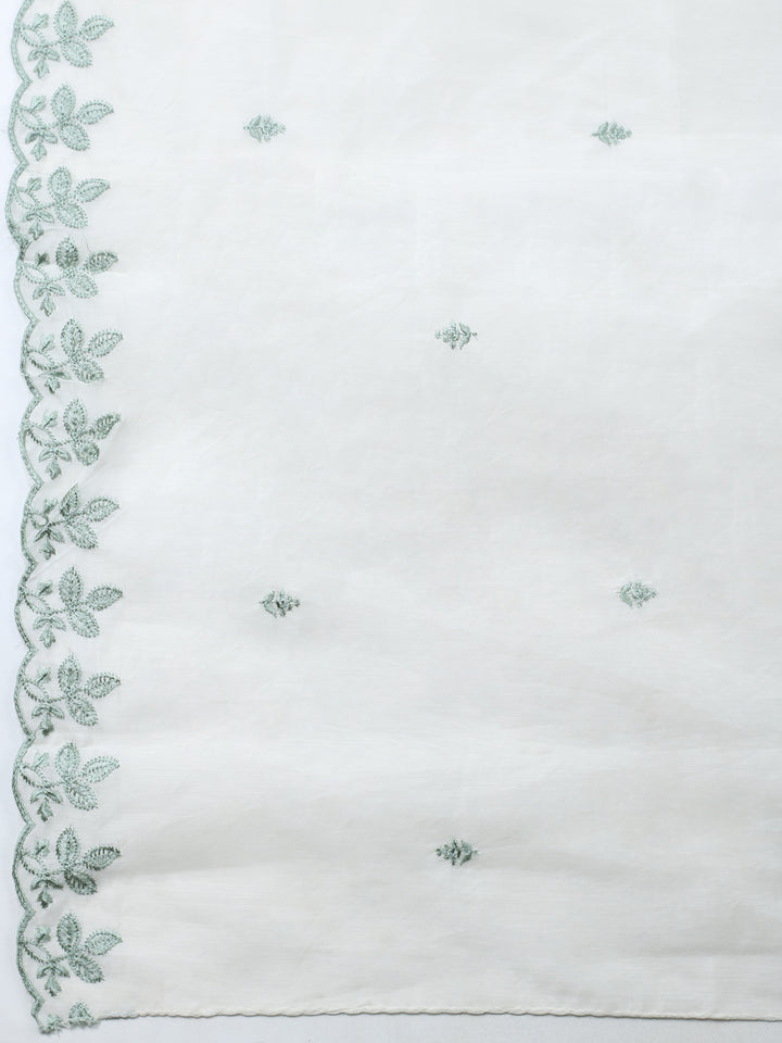 Cream Green Embroidered Chanderi Unstitched Suit &amp; Pant With Chanderi Dupatta