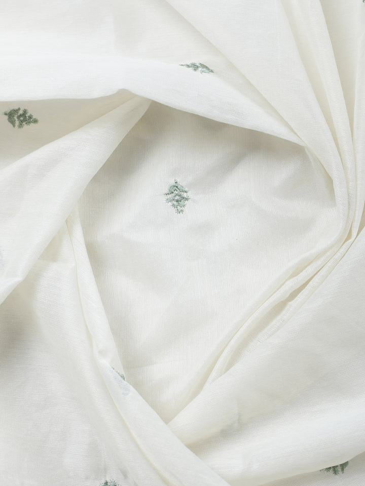 Cream Green Embroidered Chanderi Unstitched Suit &amp; Pant With Chanderi Dupatta