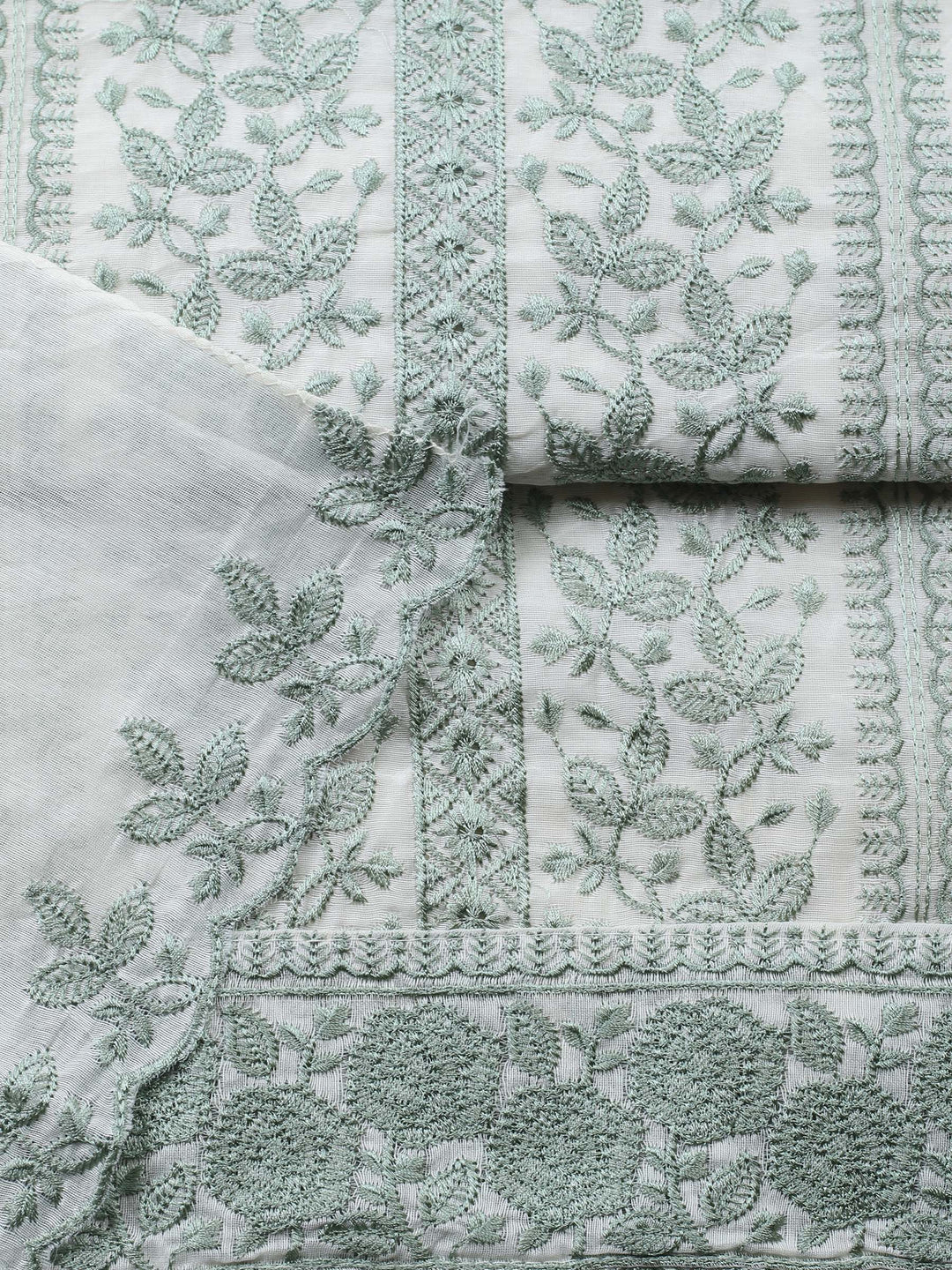 Cream Green Embroidered Chanderi Unstitched Suit &amp; Pant With Chanderi Dupatta