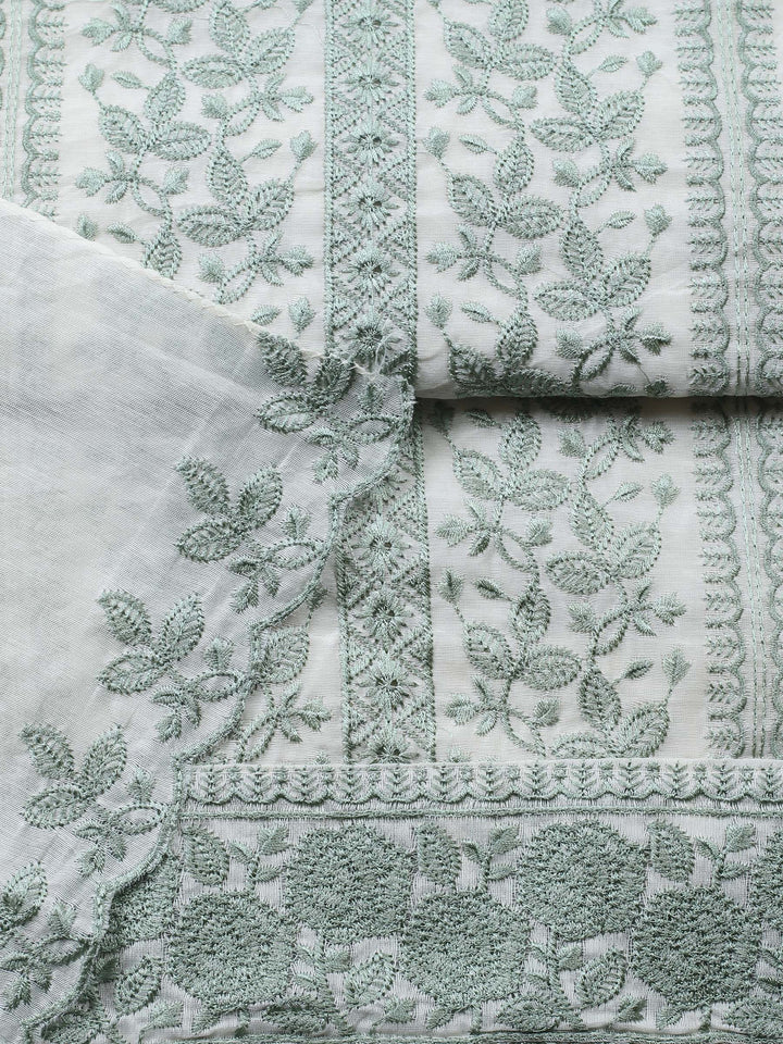 Cream Green Embroidered Chanderi Unstitched Suit &amp; Pant With Chanderi Dupatta