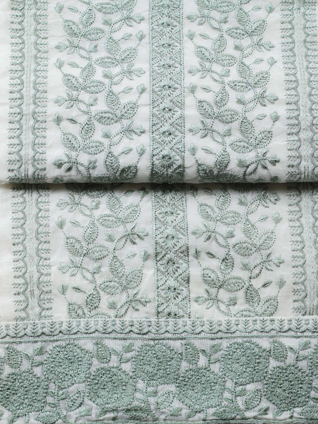 Cream Green Embroidered Chanderi Unstitched Suit &amp; Pant With Chanderi Dupatta