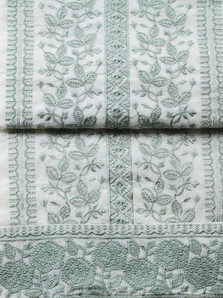 Cream Green Embroidered Chanderi Unstitched Suit &amp; Pant With Chanderi Dupatta