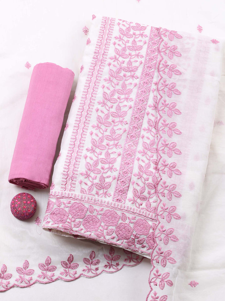 Cream Pink Embroidered Chanderi Unstitched Suit &amp; Pant With Chanderi Dupatta