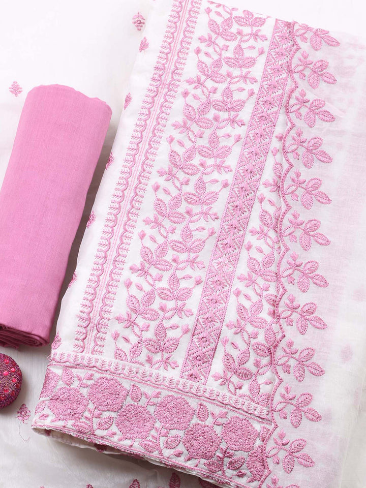 Cream Pink Embroidered Chanderi Unstitched Suit &amp; Pant With Chanderi Dupatta