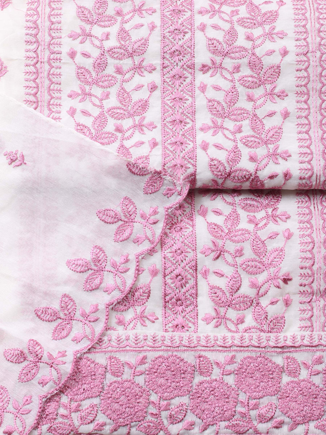 Cream Pink Embroidered Chanderi Unstitched Suit &amp; Pant With Chanderi Dupatta