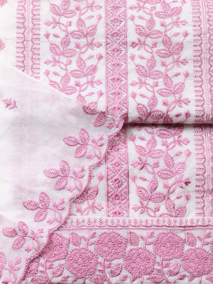 Cream Pink Embroidered Chanderi Unstitched Suit &amp; Pant With Chanderi Dupatta