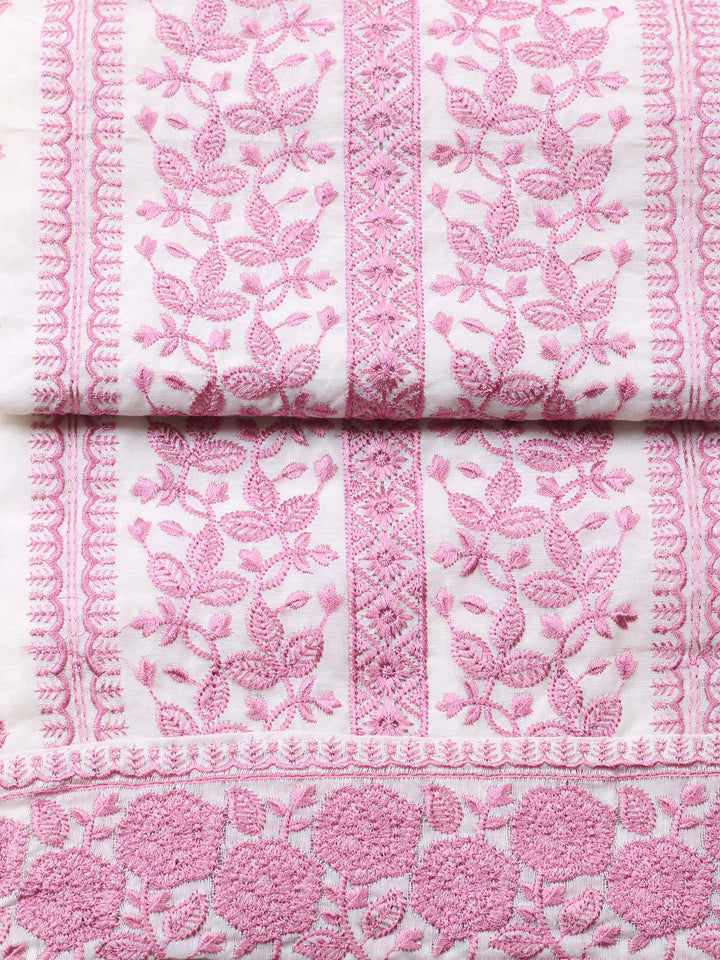Cream Pink Embroidered Chanderi Unstitched Suit &amp; Pant With Chanderi Dupatta