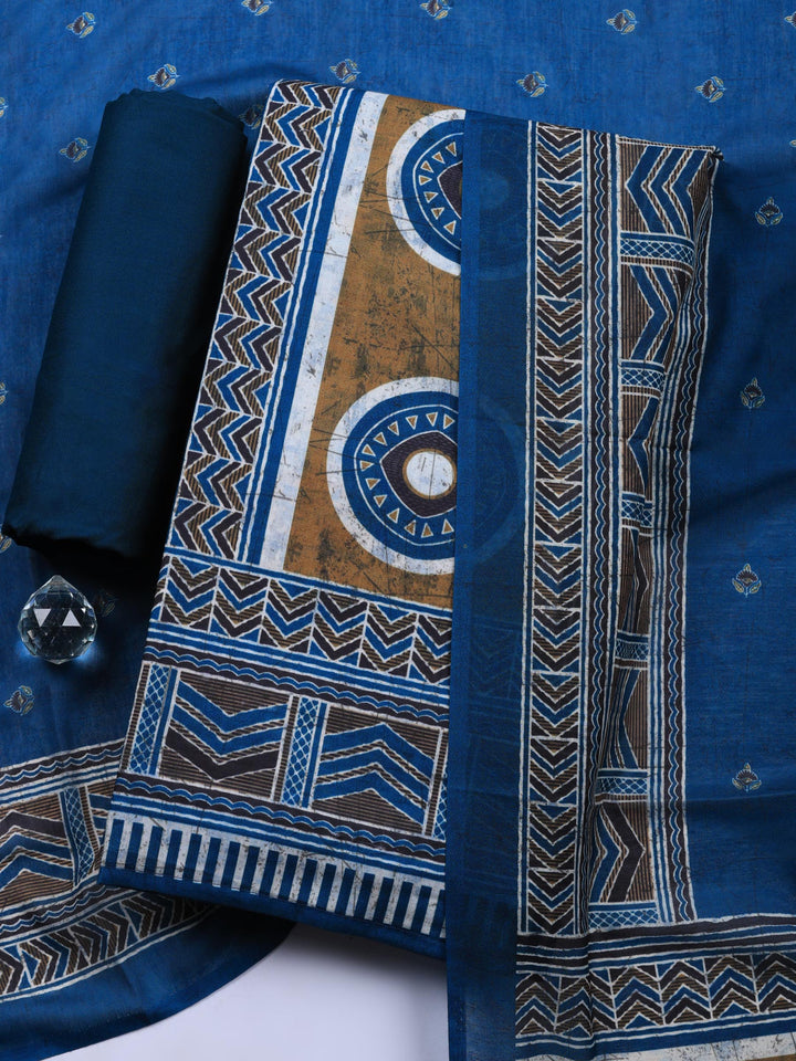 Blue Embroidered Cotton Blend Unstitched Suit &amp; Pant With Cotton Dupatta