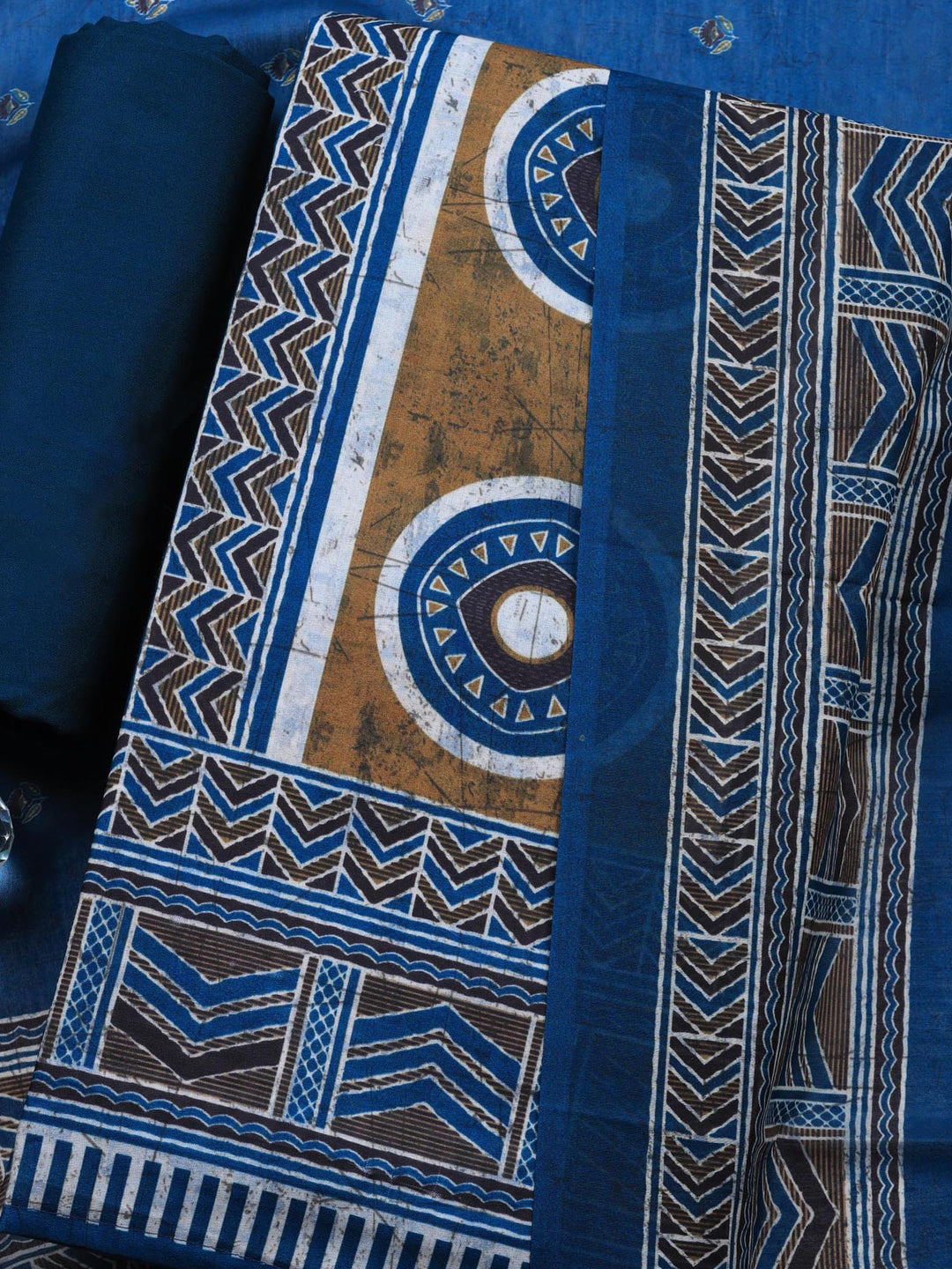 Blue Embroidered Cotton Blend Unstitched Suit &amp; Pant With Cotton Dupatta