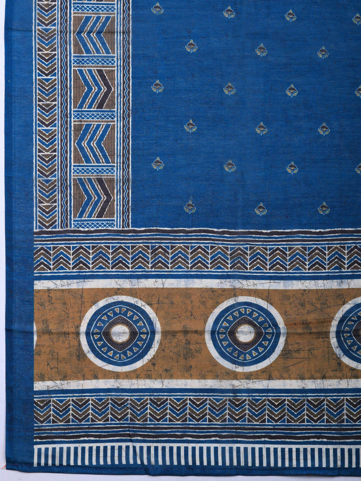 Blue Embroidered Cotton Blend Unstitched Suit &amp; Pant With Cotton Dupatta