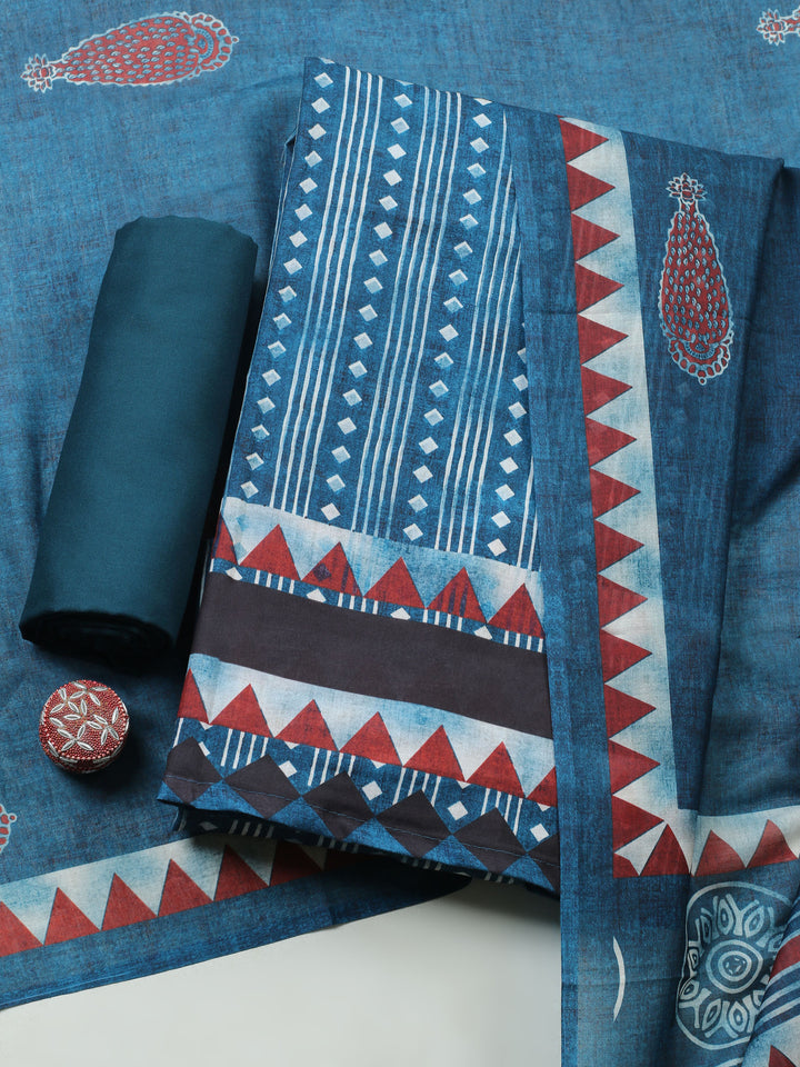 Teal Blue Printed Cotton Blend Unstitched Suit &amp; Pant With Cotton Dupatta