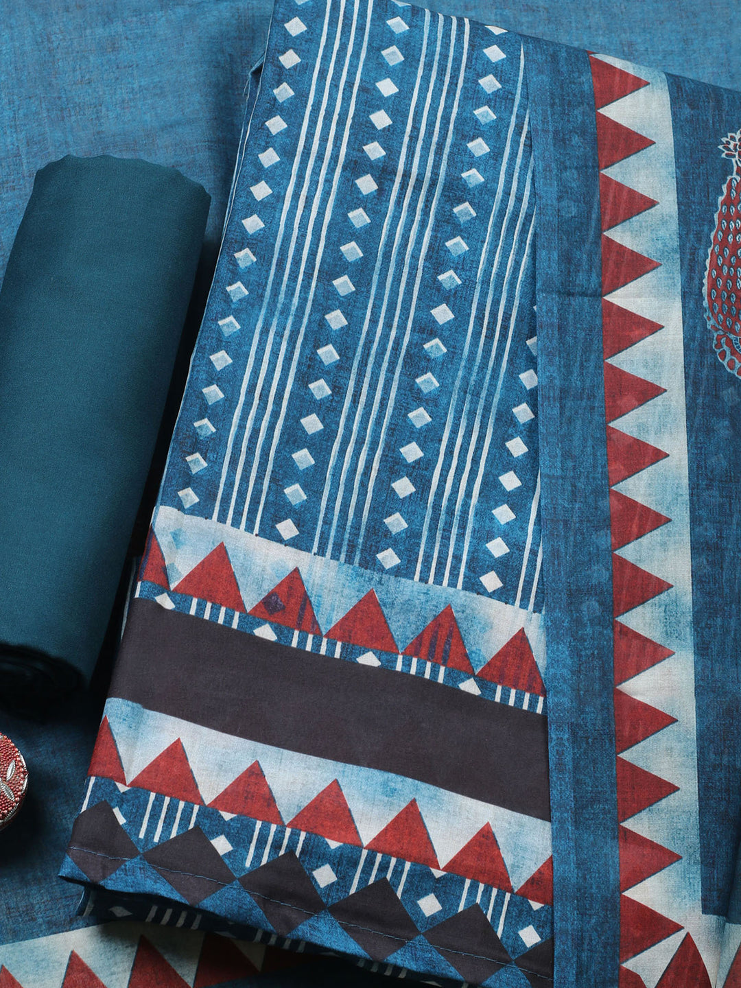 Teal Blue Printed Cotton Blend Unstitched Suit &amp; Pant With Cotton Dupatta