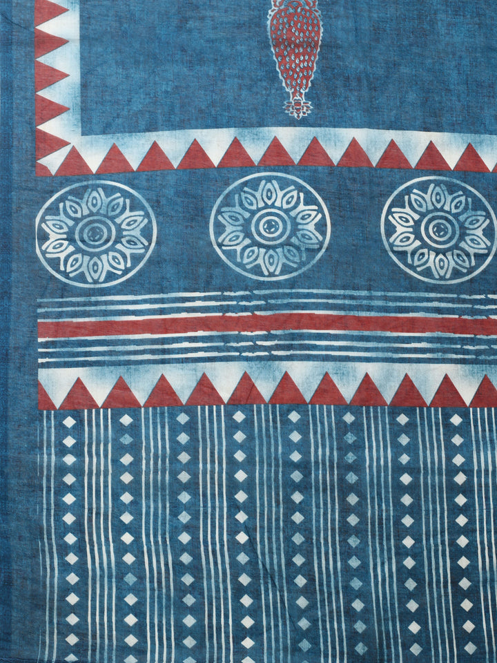 Teal Blue Printed Cotton Blend Unstitched Suit &amp; Pant With Cotton Dupatta