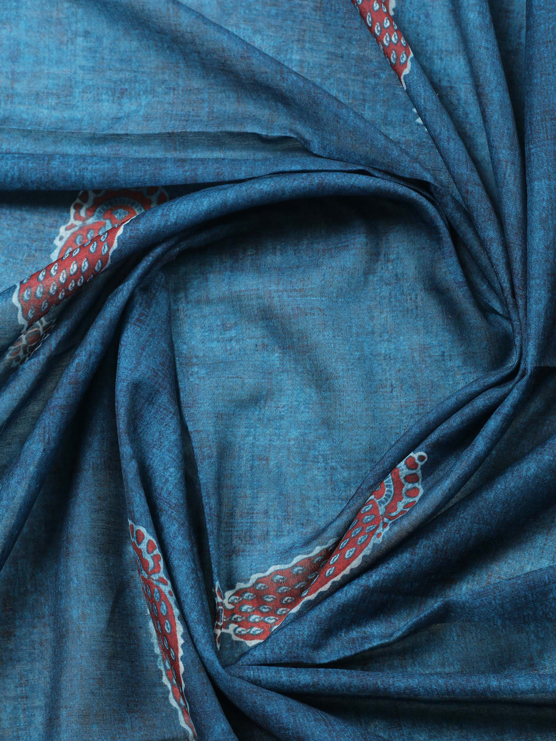 Teal Blue Printed Cotton Blend Unstitched Suit &amp; Pant With Cotton Dupatta
